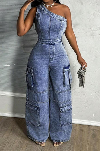 casual plus size slight stretch one-shoulder wide-leg denim jumpsuit
