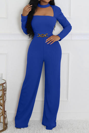 casual plus size slight stretch solid color slim hollow jumpsuit