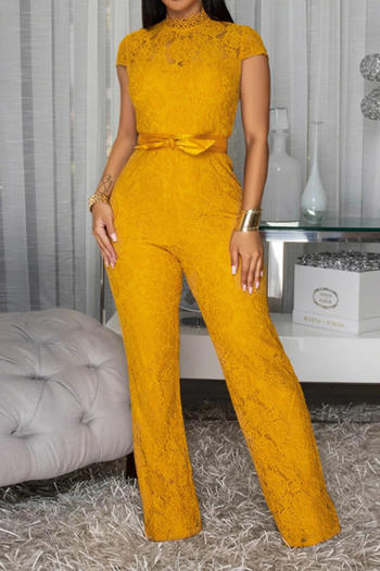 casual plus size slight stretch solid color lace jumpsuit with belt