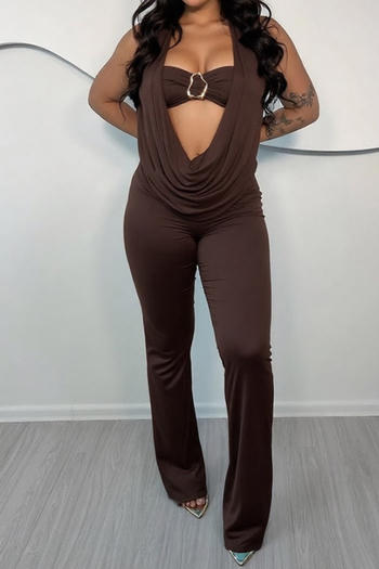 sexy slight stretch 4 colors halter-neck solid color two-piece jumpsuit