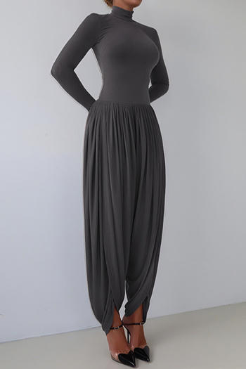 casual slight stretch high collar solid color jumpsuit
