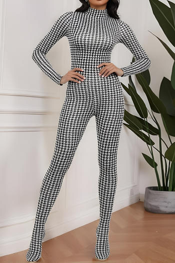 casual slight stretch new tight houndstooth print  jumpsuit