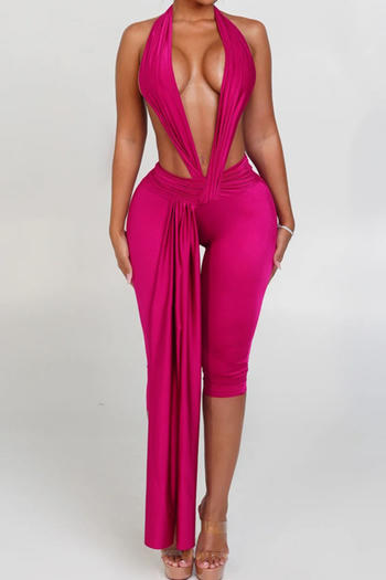 sexy slight stretch 5 colors solid color halter-neck shirring playsuit