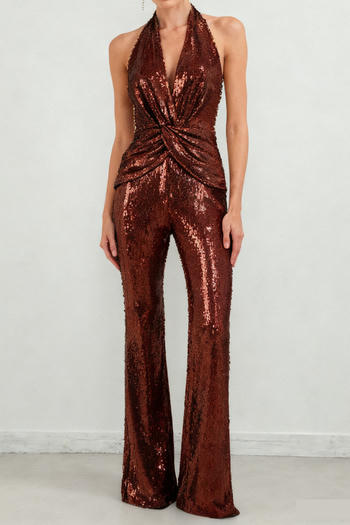 sexy non-stretch halter neck large backless slim fit sequins pleated jumpsuit