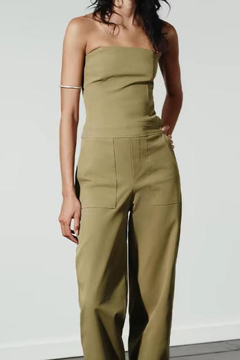 casual non-stretch solid color tube design zip-up jumpsuit