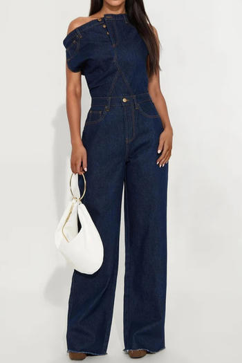 stylish plus size slight stretch solid color off-shoulder denim jumpsuit