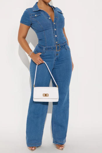 casual plus size slight stretch solid color slim denim jumpsuit with belt