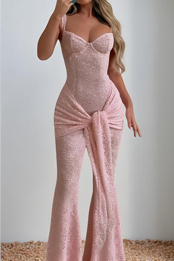 casual slight stretch solid color sling slim fit lace jumpsuit