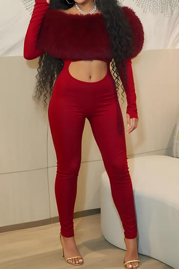 sexy slight stretch pure colour fur stitching hollow out skinny jumpsuit