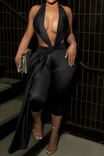 sexy slight stretch plain colour deep v long ribbon crop jumpsuit