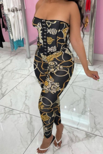 new plus size batch printing mcro-elastic tube top single-breasted stylish skinny two-piece set