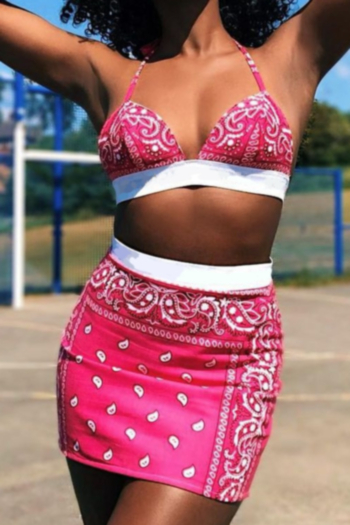 summer new stylish batch printing halter neck slim skirt stretch sexy two-piece set