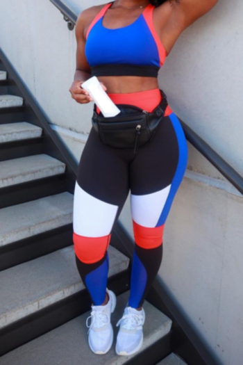 summer new three colors contrast color printing stretch sports stylish skinny two-piece set