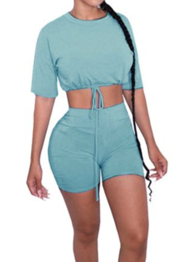 Plus size summer 2 colors solid color round neck lace-up simple stretch leisure two-piece set