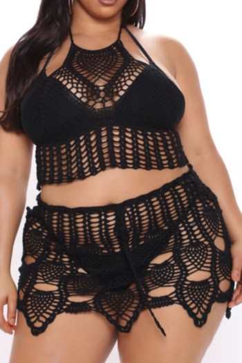 summer plus size xl-5xl halter neck knitting no lining see through sexy micro elastic two-piece set