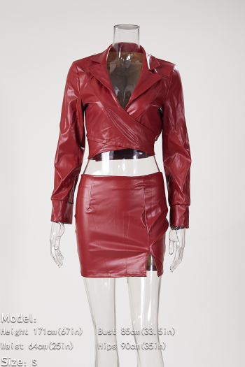 Plus size autumn 4 colors solid color PU leather zip-up button suit collar stretch two-piece set