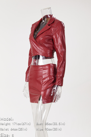 Plus size autumn 4 colors solid color PU leather zip-up button suit collar stretch two-piece set
