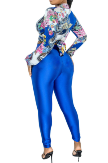Autumn new stylish batch printing top with blue tight pants micro elastic lace-up two-piece set
