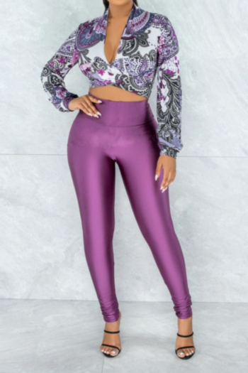 Autumn new stylish batch printing top with purple tight pants micro elastic lace-up two-piece set