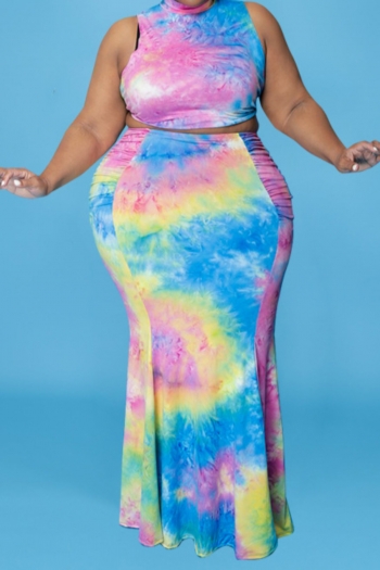 xl-5xl new multicolor tie-dye stretch vest with fishtail long skirt stylish two-piece set 1#