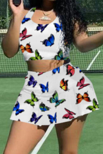 Summer plus size butterflies batch printing sleeveless culotte U neck stretch slim two-piece set