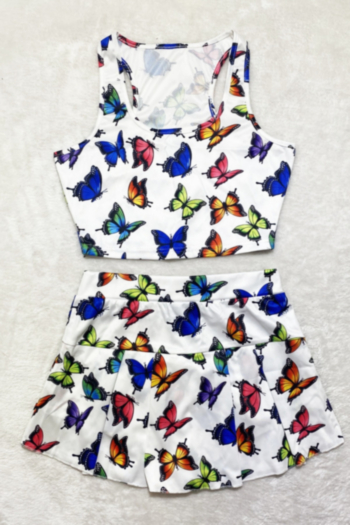 Summer plus size butterflies batch printing sleeveless culotte U neck stretch slim two-piece set