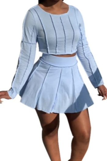 plus size solid color autumn long sleeve pleated skirt new stylish stretch two-piece set