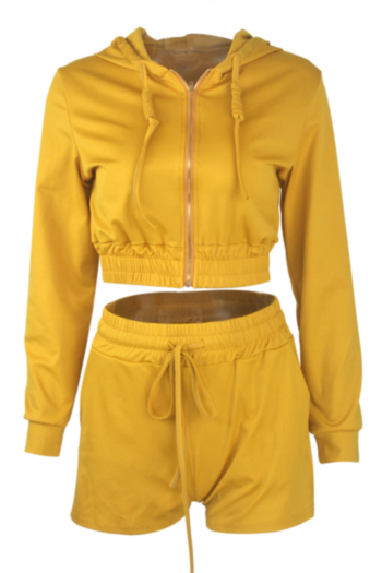 Plus size solid color S-4XL autumn 2 colors zip-up hooded stretch casual two-piece set