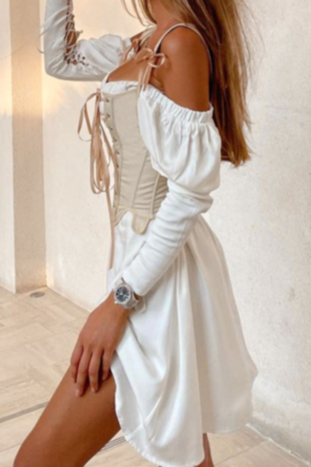 early autumn solid color long sleeves eyelet bandage boned cutout irregular top with dress two piece set