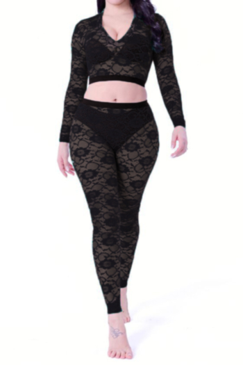 Early autumn plus size lace see through no lining v-neck stretch tight sexy two-piece set