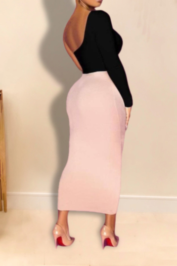 Plus size solid color autumn one shoulder slim pink skirt stretch simple two-piece set