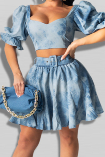 new inelastic denim fabric square-neck puff-sleeve backless zip-up stylish two-piece with belt