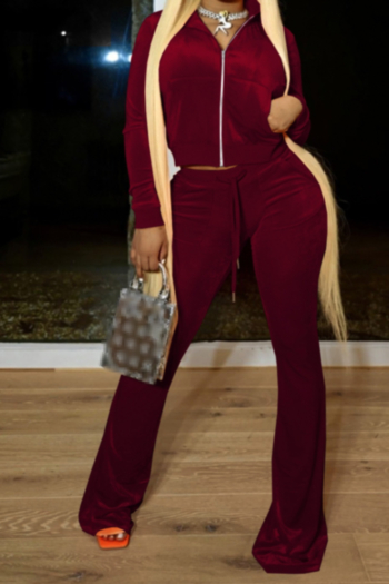 Autumn plus size XS-2XL new stylish zip-up flare pants simple stretch velvet casual two-piece set