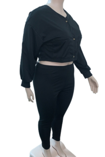 Plus size new stylish solid color single breasted L-4XL simple casual micro elastic two-piece set