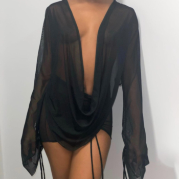 Early autumn long sleeve solid color mesh see-through drawstring pleating strerch sexy two piece set
