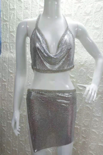 Sexy new stylish solid color chain halter neck metal nightclub two-piece set