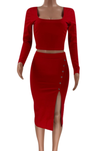 Plus size 5 colors autumn new stylish square collar stretch split skirt slim two-piece set