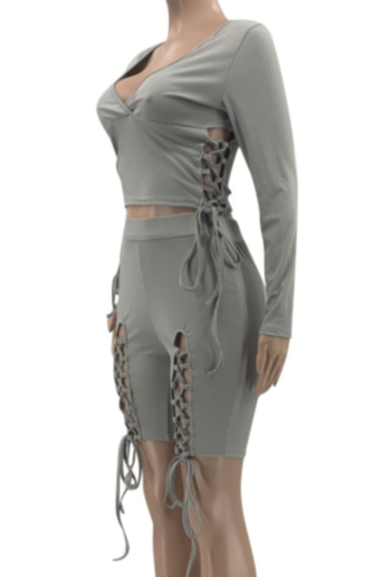 Plus size solid color autumn hollow out lace-up deep v-neck stretch slim ribbed two-piece set