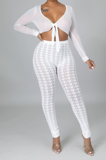 houndstooth plus size early autumn mesh see through v-neck sexy two-piece set (without panty)