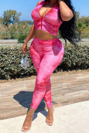 summer new plus size two colors tie-dye stretch zip-up sleeveless stylish skinny two-piece set