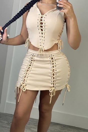 summer new solid color micro-elastic hooded hollow eyelets lace-up top with zip-up back mini skirt sexy personality two-piece set