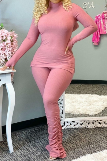 autumn new plus size solid color ribbed fabric stretch high-neck thumb-hole stylish two-piece set