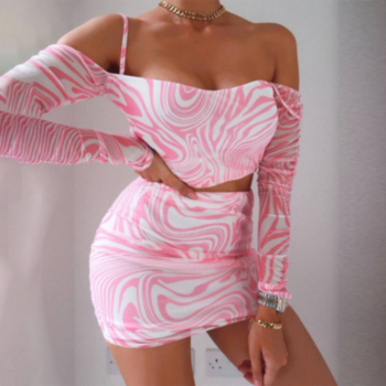 Early autumn long sleeve sling new style batch printing pleating stretch sexy tight skirt two piece set 