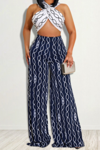 summer new geometric pattern printing stretch criss cross lace-up vest with wide-leg pants stylish two-piece set