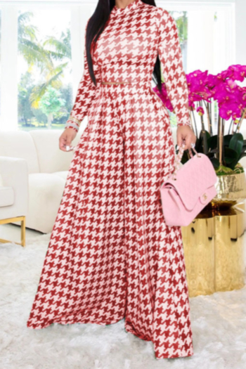 plus-size autumn long sleeve micro-elastic houndstooth batch printing loose bell-bottoms two-piece set