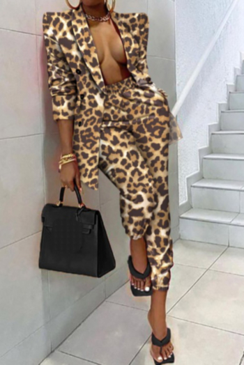 plus-size leopard batch printing long sleeve autumn pocket casual two-piece set