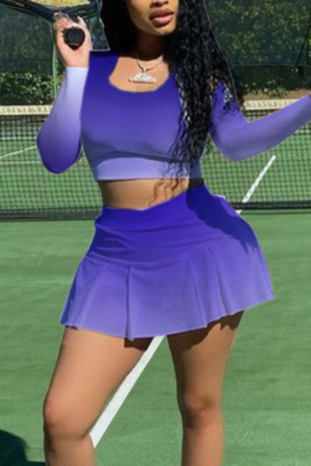 autumn new plus size gradient color printing stretch long-sleeve top with skirt design shorts stylish tennis sports two-piece set