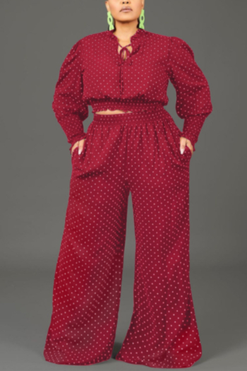 plus size xl-5xl autumn lace-up wide-leg pants batch printing inelastic casual two-piece set