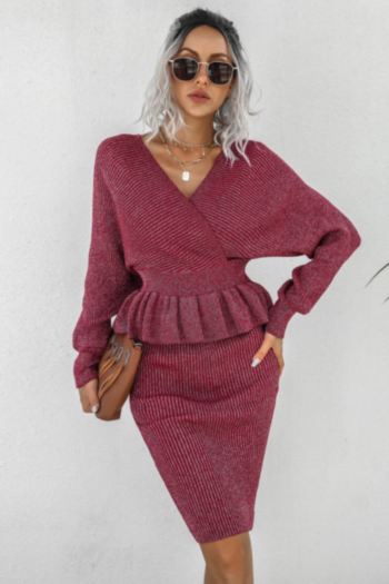 autumn new seven colors knitted stretch v-neck backless ruffle stylish two-piece set