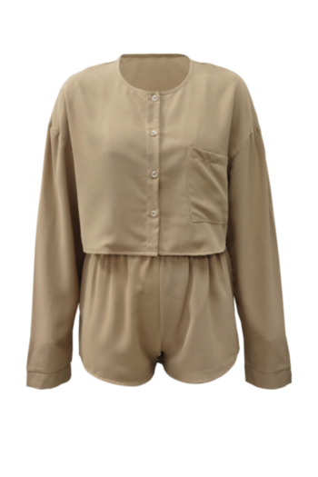 Early autumn new stylish solid color single breasted top with short inelastic casual two-piece set